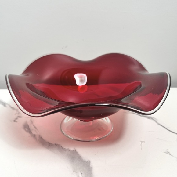 Vintage MCM Ruby Red Glass Clear Rim & Footed Base Fruit / Center Piece Bowl - Picture 1 of 6